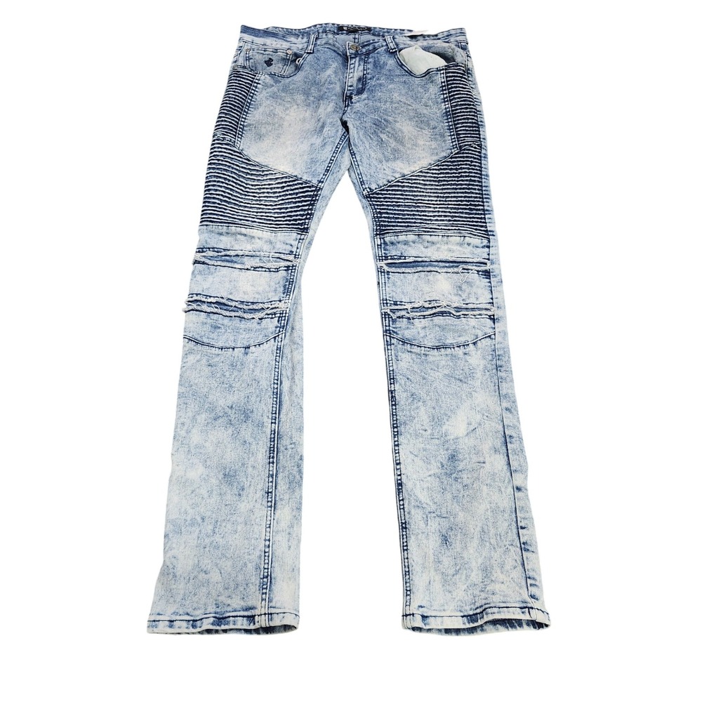 ROCAWEAR JEANS MENS 36 BIKER BLUE ACID WASH DISTRESSED EUC